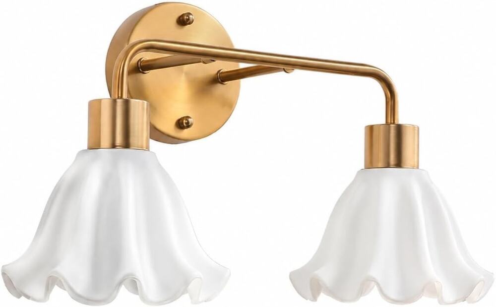 2-Light Brushed Gold Bathroom Vanity Light White Flower Glass Shades